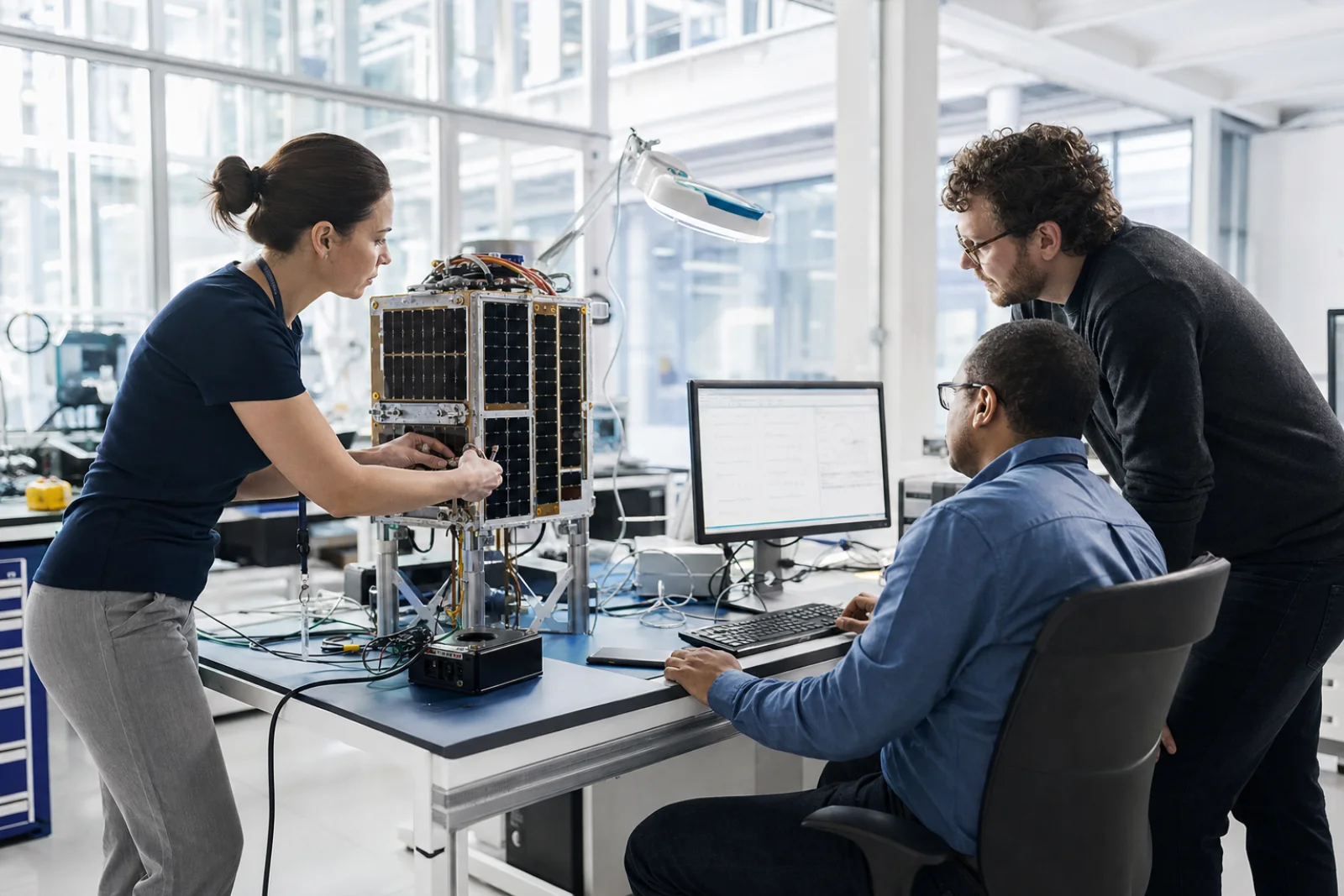 Systems engineers integrating and testing a compact satellite payload
