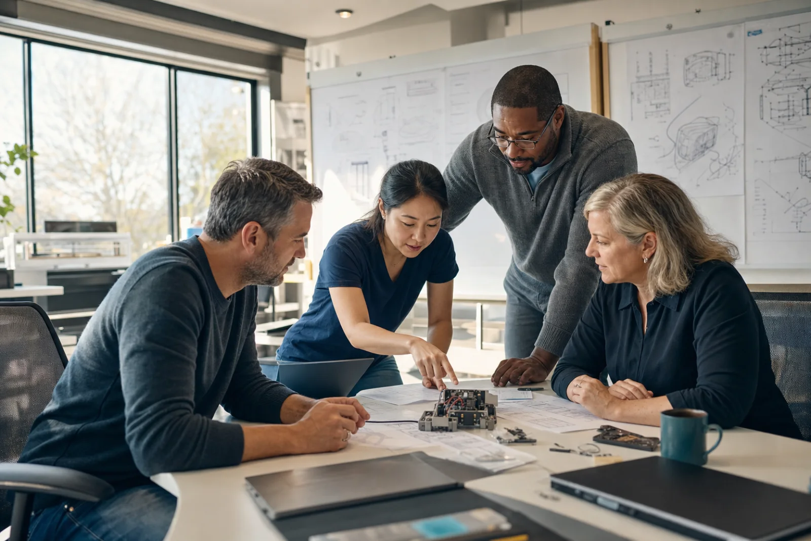 A diverse group of engineers collaborating during a design review