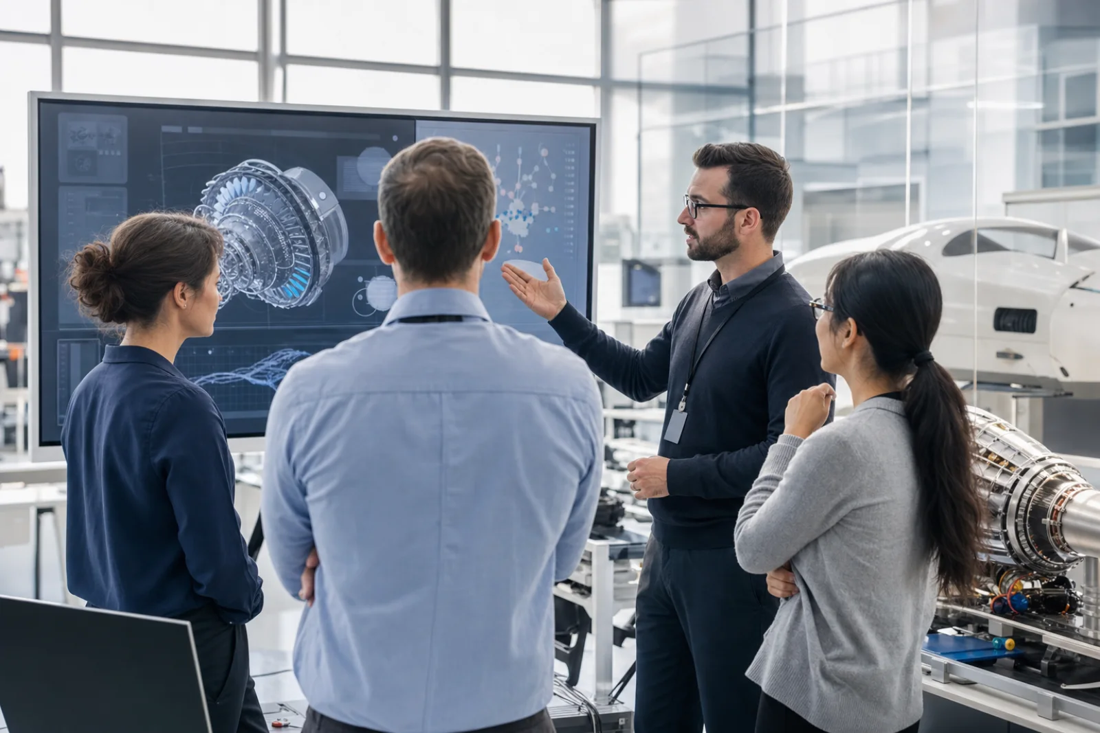 Civilian aerospace and software engineers collaborating in a bright research laboratory