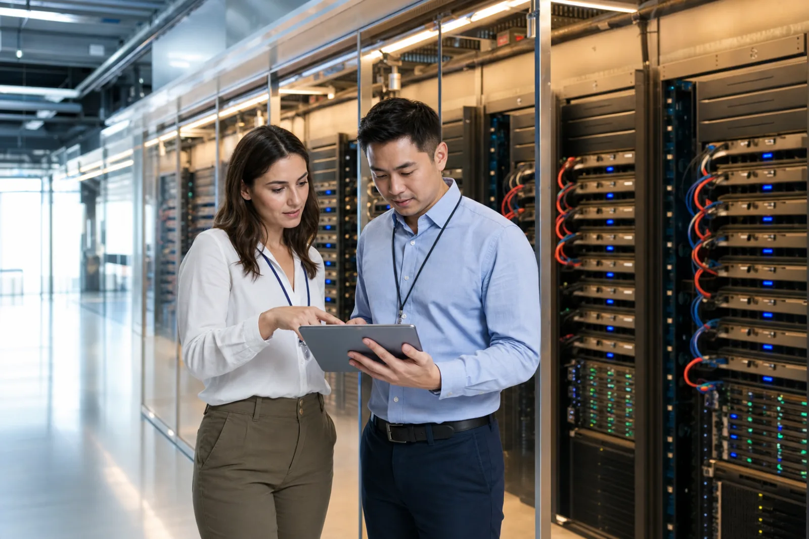 Two civilian high-performance computing engineers reviewing system health inside a modern supercomputing facility