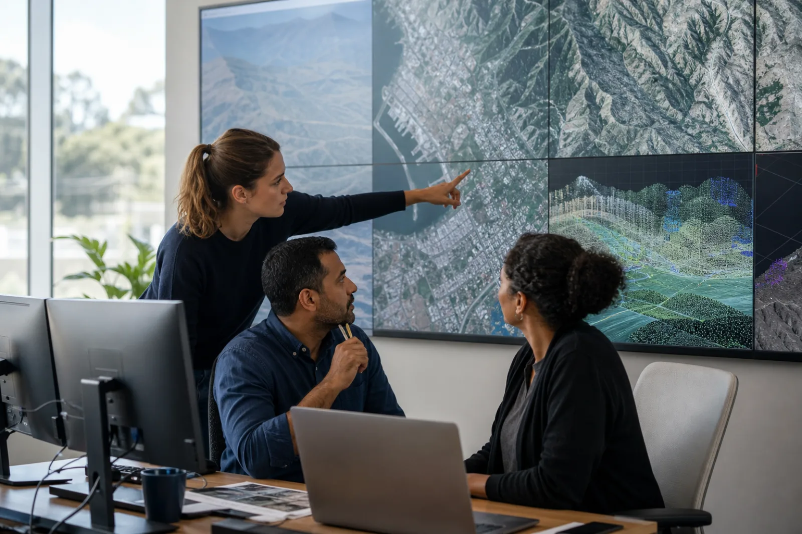 A civilian data science team analyzing satellite imagery and three-dimensional terrain data