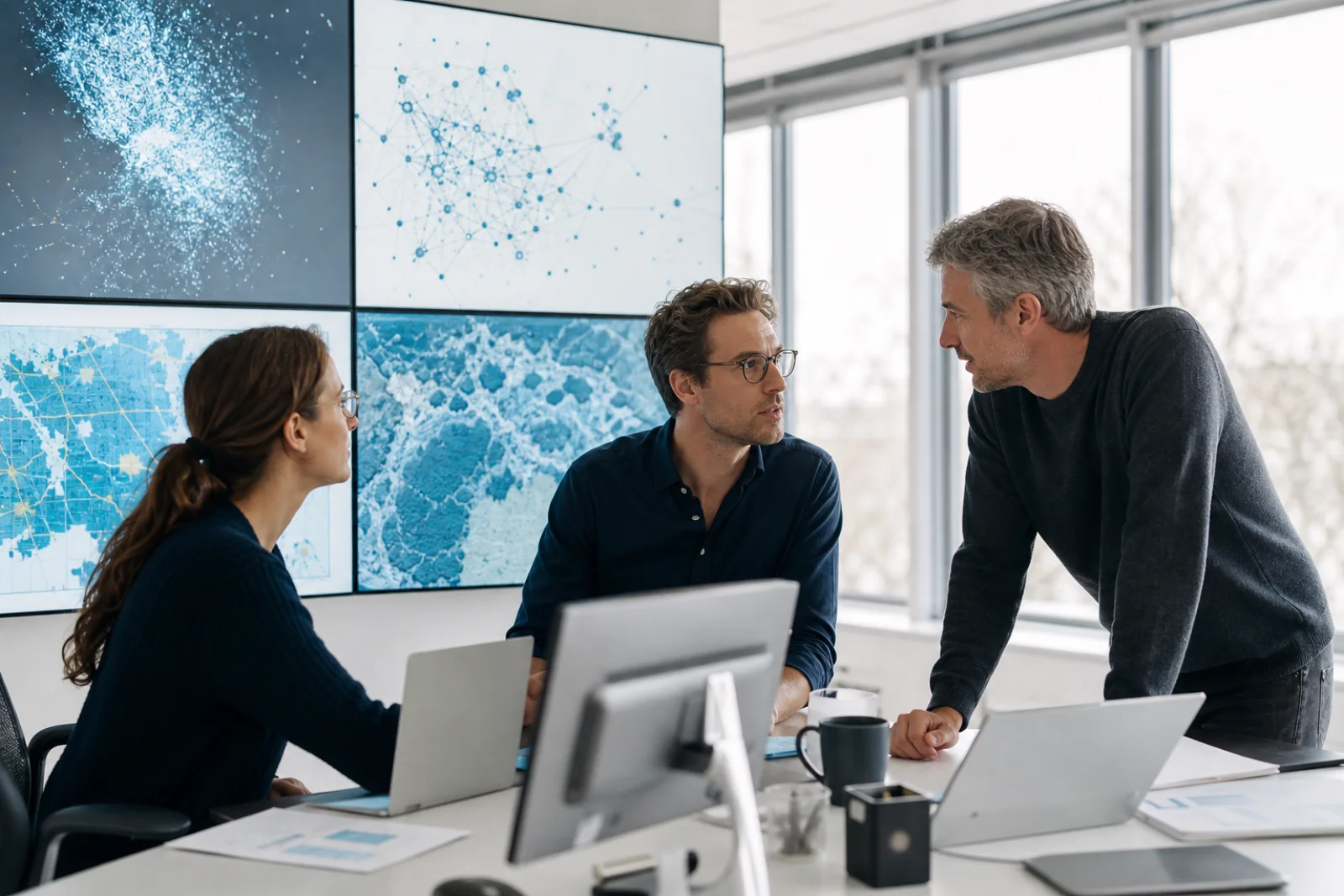 Civilian AI and machine learning specialists collaborating in a bright data operations workspace