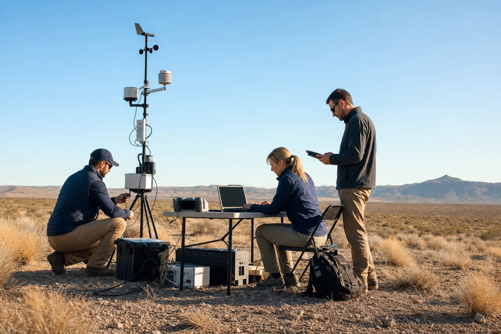Civilian mission-support specialists conducting a sensor field experiment in a high-desert environment