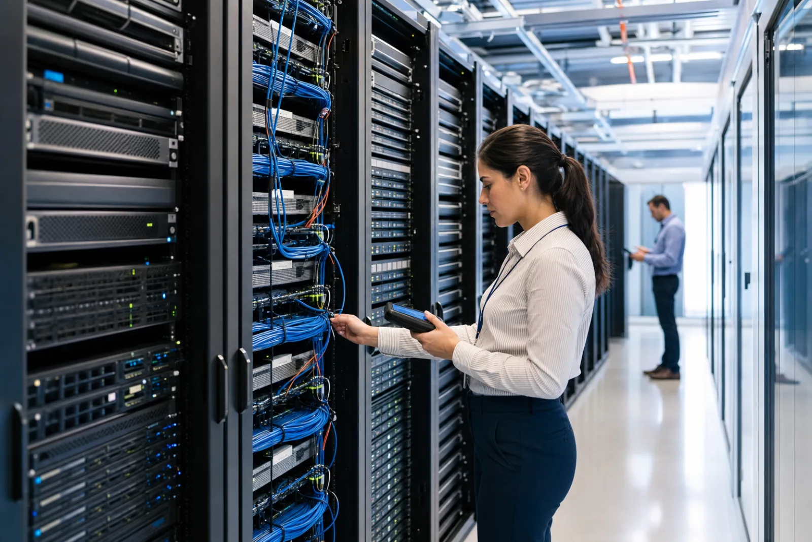 A civilian infrastructure engineer maintaining secure enterprise systems in a bright server room