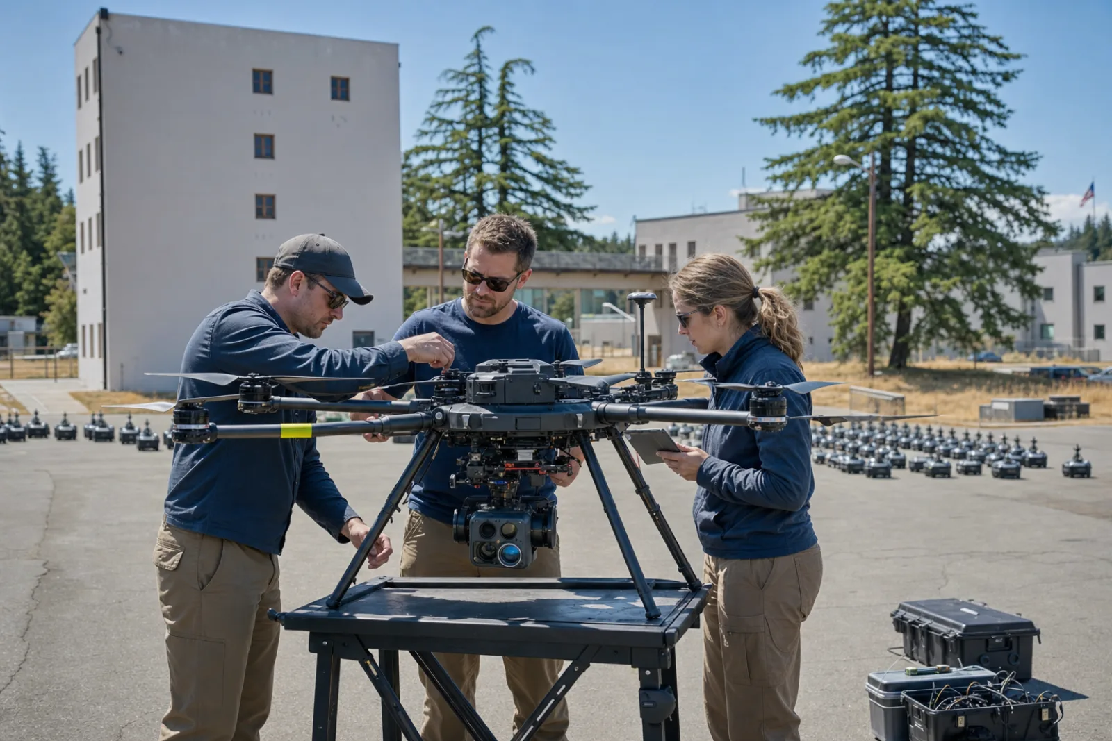 Civilian researchers preparing a large uncrewed aircraft and sensor payload for a field experiment