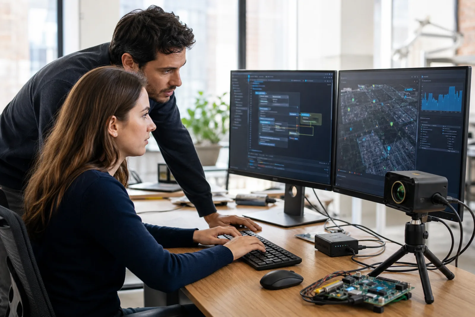 Two civilian software engineers developing mission software connected to optical sensor hardware
