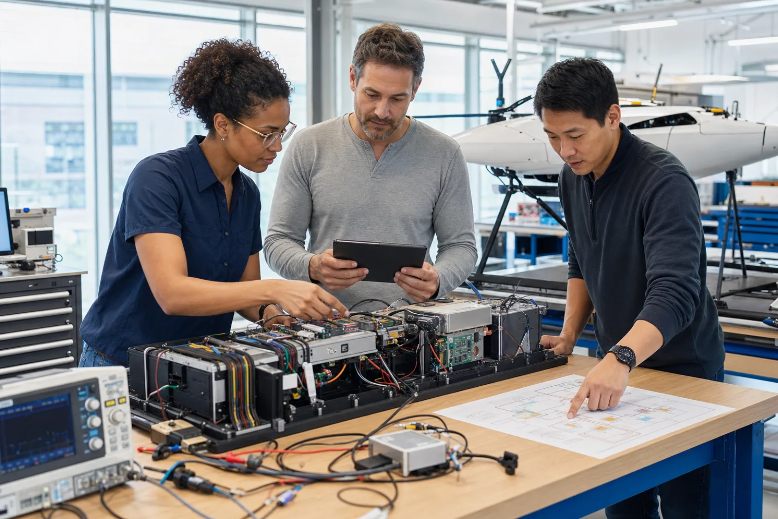 A civilian systems engineering team integrating and validating a complex sensing platform in a laboratory